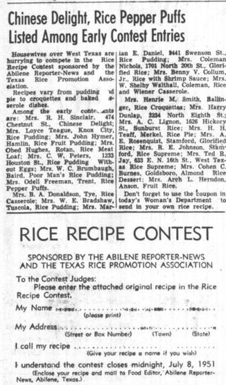 The Abilene Reporter-News (Abilene, Tex.), Vol. 71, No. 12, Ed. 2 Thursday, June 28, 1951, newspaper, June 28, 1951; Abilene, Texas. (https://texashistory.unt.edu/ark:/67531/metapth1648615/m1/4/?q=%22rice+recipe+contest%22: accessed December 4, 2025), University of North Texas Libraries, The Portal to Texas History, https://texashistory.unt.edu; crediting Abilene Public Library.