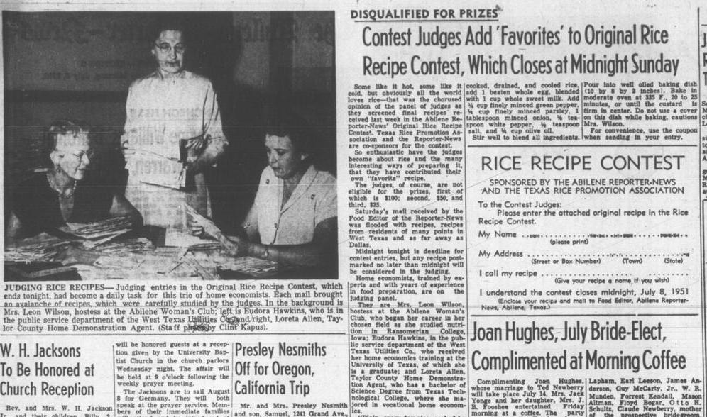 The Abilene Reporter-News (Abilene, Tex.), Vol. 71, No. 22, Ed. 1 Sunday, July 8, 1951, newspaper, July 8, 1951; Abilene, Texas. (https://texashistory.unt.edu/ark:/67531/metapth1767347/m1/25/?q=%22rice+recipe+contest%22: accessed December 4, 2025), University of North Texas Libraries, The Portal to Texas History, https://texashistory.unt.edu; crediting Abilene Public Library.