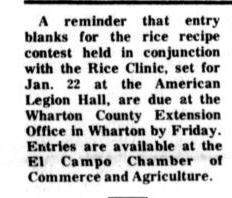 Barbee, Chris. El Campo Leader-News (El Campo, Tex.), Vol. 99B, No. 83, Ed. 1 Saturday, January 5, 1985, newspaper, January 5, 1985; El Campo, Texas. (https://texashistory.unt.edu/ark:/67531/metapth1006801/m1/2/?q=%22rice+recipe+contest%22: accessed December 4, 2025), University of North Texas Libraries, The Portal to Texas History, https://texashistory.unt.edu; crediting Wharton County Library.