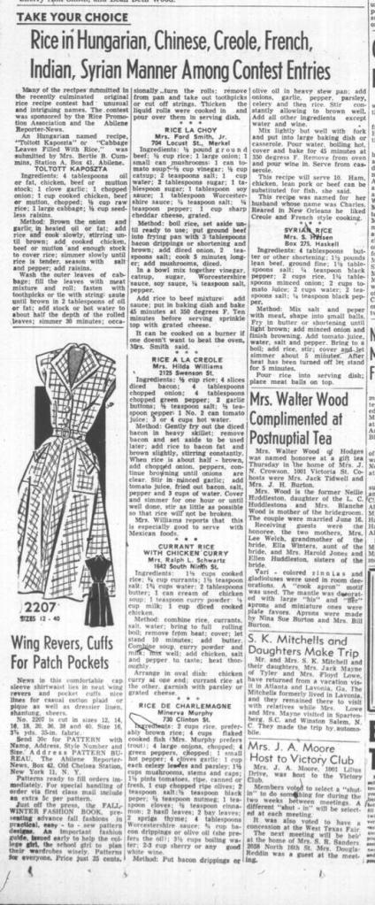 The Abilene Reporter-News (Abilene, Tex.), Vol. 71, No. 31, Ed. 2 Tuesday, July 17, 1951, newspaper, July 17, 1951; Abilene, Texas. (https://texashistory.unt.edu/ark:/67531/metapth1648630/m1/4/?q=%22rice+recipe+contest%22: accessed December 4, 2025), University of North Texas Libraries, The Portal to Texas History, https://texashistory.unt.edu; crediting Abilene Public Library.