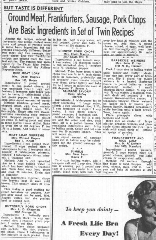 The Abilene Reporter-News (Abilene, Tex.), Vol. 71, No. 33, Ed. 2 Thursday, July 19, 1951, newspaper, July 19, 1951; Abilene, Texas. (https://texashistory.unt.edu/ark:/67531/metapth1648632/m1/4/?q=%22rice+recipe+contest%22: accessed December 4, 2025), University of North Texas Libraries, The Portal to Texas History, https://texashistory.unt.edu; crediting Abilene Public Library.