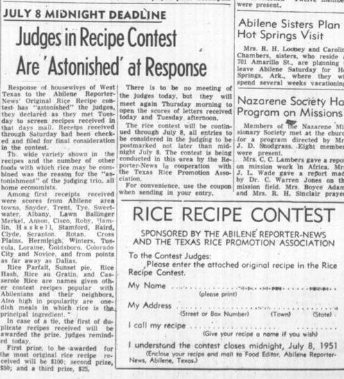 The Abilene Reporter-News (Abilene, Tex.), Vol. 71, No. 18, Ed. 2 Wednesday, July 4, 1951, newspaper, July 4, 1951; Abilene, Texas. (https://texashistory.unt.edu/ark:/67531/metapth1648620/m1/4/?q=%22rice+recipe+contest%22: accessed December 4, 2025), University of North Texas Libraries, The Portal to Texas
