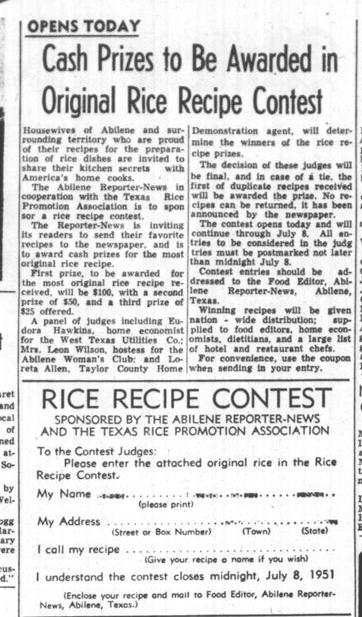 The Abilene Reporter-News (Abilene, Tex.), Vol. 71, No. 9, Ed. 2 Monday, June 25, 1951, newspaper, June 25, 1951; Abilene, Texas. (https://texashistory.unt.edu/ark:/67531/metapth1648612/m1/10/?q=%22rice+recipe+contest%22: accessed December 4, 2025), University of North Texas Libraries, The Portal to Texas History, https://texashistory.unt.edu; crediting Abilene Public Library.