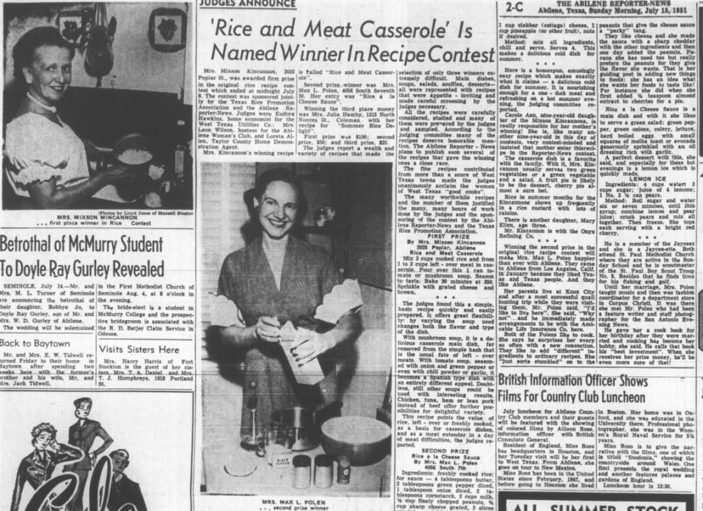 The Abilene Reporter-News (Abilene, Tex.), Vol. 71, No. 29, Ed. 1 Sunday, July 15, 1951, newspaper, July 15, 1951; Abilene, Texas. (https://texashistory.unt.edu/ark:/67531/metapth1767354/m1/31/?q=%22rice+recipe+contest%22: accessed December 4, 2025), University of North Texas Libraries, The Portal to Texas History, https://texashistory.unt.edu; crediting Abilene Public Library.