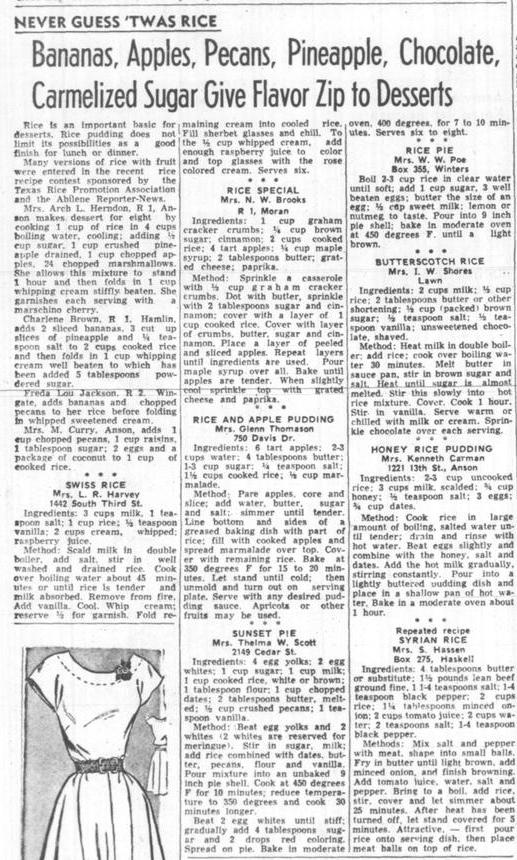 The Abilene Reporter-News (Abilene, Tex.), Vol. 71, No. 38, Ed. 2 Tuesday, July 24, 1951, newspaper, July 24, 1951; Abilene, Texas. (https://texashistory.unt.edu/ark:/67531/metapth1648636/m1/4/?q=%22rice+recipe+contest%22: accessed December 4, 2025), University of North Texas Libraries, The Portal to Texas History, https://texashistory.unt.edu; crediting Abilene Public Library.