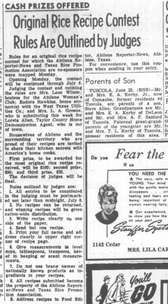 The Abilene Reporter-News (Abilene, Tex.), Vol. 71, No. 10, Ed. 1 Tuesday, June 26, 1951, newspaper, June 26, 1951; Abilene, Texas. (https://texashistory.unt.edu/ark:/67531/metapth1767335/m1/5/?q=%22rice+recipe+contest%22: accessed December 4, 2025), University of North Texas Libraries, The Portal to Texas History, https://texashistory.unt.edu; crediting Abilene Public Library.