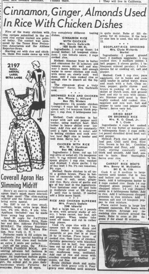 The Abilene Reporter-News (Abilene, Tex.), Vol. 71, No. 38, Ed. 2 Tuesday, July 24, 1951, newspaper, July 24, 1951; Abilene, Texas. (https://texashistory.unt.edu/ark:/67531/metapth1648636/m1/4/?q=%22rice+recipe+contest%22: accessed December 4, 2025), University of North Texas Libraries, The Portal to Texas History, https://texashistory.unt.edu; crediting Abilene Public Library.