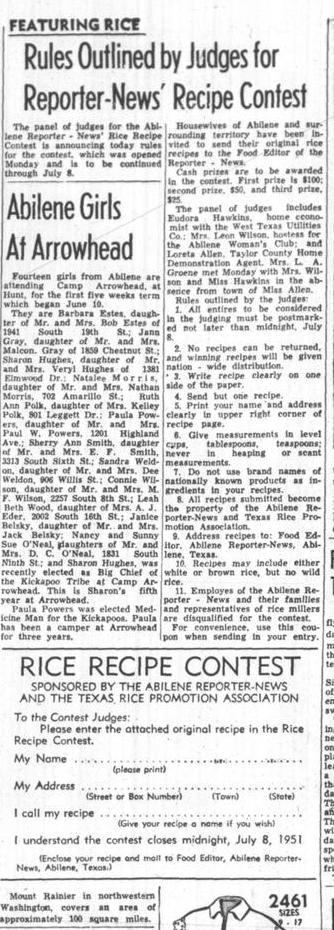 The Abilene Reporter-News (Abilene, Tex.), Vol. 71, No. 10, Ed. 2 Tuesday, June 26, 1951, newspaper, June 26, 1951; Abilene, Texas. (https://texashistory.unt.edu/ark:/67531/metapth1648613/m1/4/?q=%22rice+recipe+contest%22: accessed December 4, 2025), University of North Texas Libraries, The Portal to Texas History, https://texashistory.unt.edu; crediting Abilene Public Library.