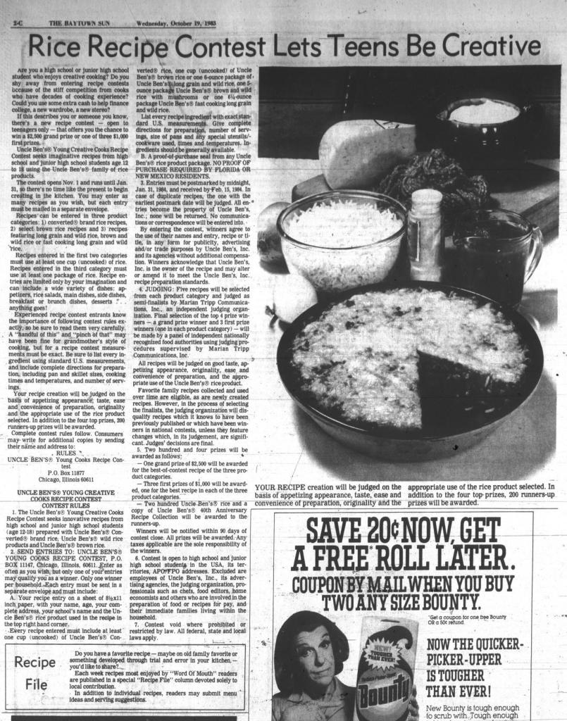 Brown, Leon. The Baytown Sun (Baytown, Tex.), Vol. 61, No. 302, Ed. 1 Wednesday, October 19, 1983, newspaper, October 19, 1983; Baytown, Texas. (https://texashistory.unt.edu/ark:/67531/metapth1152701/m1/18/?q=%22rice%20recipe%20contest%22: accessed December 4, 2025), University of North Texas Libraries, The Portal to Texas History, https://texashistory.unt.edu; crediting Sterling Municipal Library.